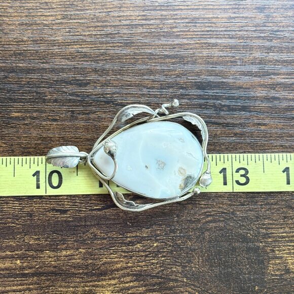 VTG Sterling Silver 925 White Agate Leaf Scroll Design Pendant Size 2.5" Length - Picture 7 of 9